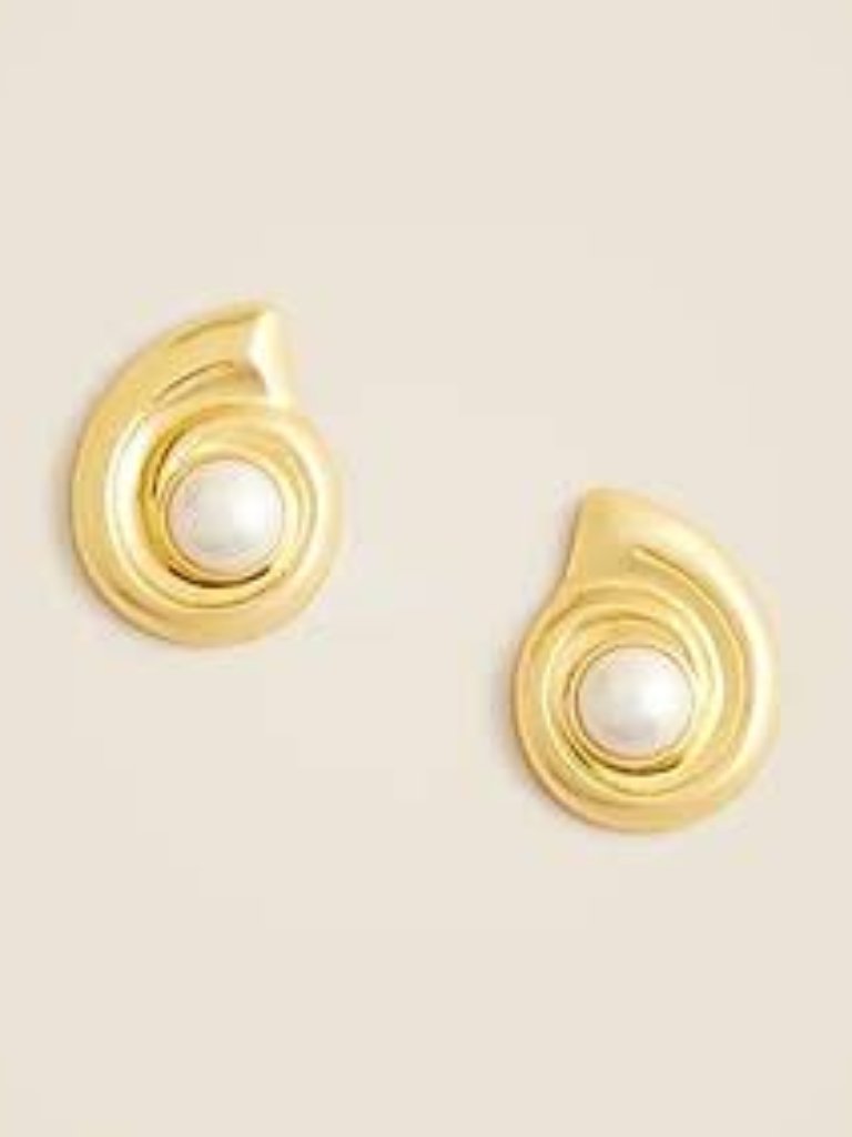 J. Crew Shiny Matte Gold Shell Earrings With Inset Pearls/Nwt